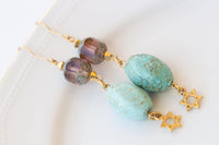 Star of David Gold Earrings, Blue Turquoise Star Long Earrings, Kabbalah Earrings, Jewish Jewelry, Israel Jewelry,David Star Dangle Earrings