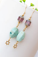 Star of David Gold Earrings, Blue Turquoise Star Long Earrings, Kabbalah Earrings, Jewish Jewelry, Israel Jewelry,David Star Dangle Earrings