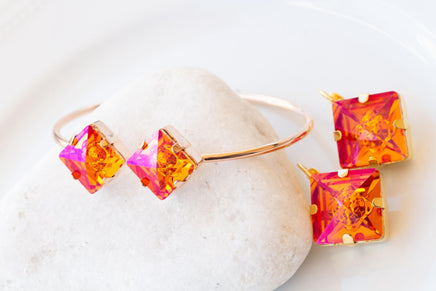 ORANGE PINK BRACELET, Astral Pink Bracelet, Square Orange Jewelry Set, Orange Gold Earrings, Jewelry For Her, Hot Orange Fuchsia Earrings