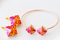 ORANGE PINK BRACELET, Astral Pink Bracelet, Square Orange Jewelry Set, Orange Gold Earrings, Jewelry For Her, Hot Orange Fuchsia Earrings