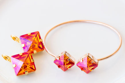 ORANGE PINK BRACELET, Astral Pink Bracelet, Square Orange Jewelry Set, Orange Gold Earrings, Jewelry For Her, Hot Orange Fuchsia Earrings