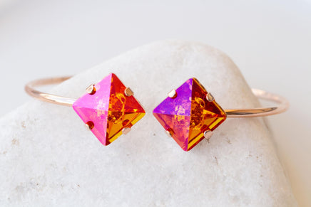 ORANGE PINK BRACELET, Astral Pink Bracelet, Square Orange Jewelry Set, Orange Gold Earrings, Jewelry For Her, Hot Orange Fuchsia Earrings