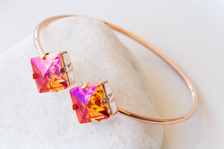 ORANGE PINK BRACELET, Astral Pink Bracelet, Square Orange Jewelry Set, Orange Gold Earrings, Jewelry For Her, Hot Orange Fuchsia Earrings