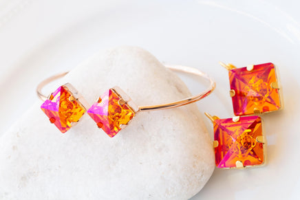 ORANGE PINK BRACELET, Astral Pink Bracelet, Square Orange Jewelry Set, Orange Gold Earrings, Jewelry For Her, Hot Orange Fuchsia Earrings