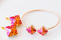 ORANGE PINK BRACELET, Astral Pink Bracelet, Square Orange Jewelry Set, Orange Gold Earrings, Jewelry For Her, Hot Orange Fuchsia Earrings