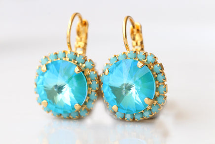TURQUOISE CRYSTALS EARRINGS: Gold And Lagoon Blue Jewelry, Something Blue For The Brides