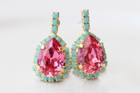 Fuchsia Turquoise Earrings: Wedding Bridal Pink And Blue Studs, Teardrop Shaped
