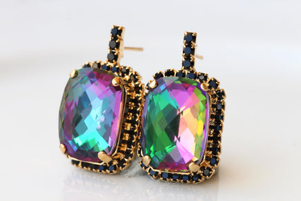 Tourmaline Crystals Earrings : Green Pink Black Studs, Evening Jewelry