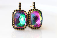 Tourmaline Crystals Earrings : Green Pink Black Studs, Evening Jewelry