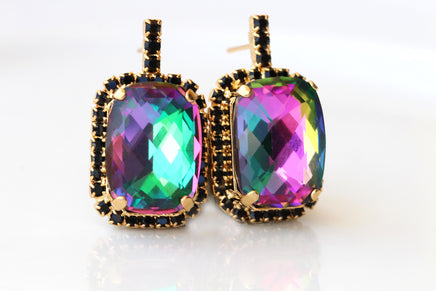 Tourmaline Crystals Earrings : Green Pink Black Studs, Evening Jewelry
