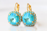 TURQUOISE CRYSTALS EARRINGS: Gold And Lagoon Blue Jewelry, Something Blue For The Brides