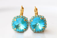 TURQUOISE CRYSTALS EARRINGS: Gold And Lagoon Blue Jewelry, Something Blue For The Brides