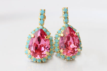 Fuchsia Turquoise Earrings: Wedding Bridal Pink And Blue Studs, Teardrop Shaped