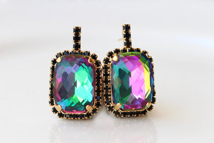 Tourmaline Crystals Earrings : Green Pink Black Studs, Evening Jewelry