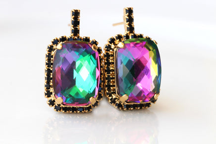 Tourmaline Crystals Earrings : Green Pink Black Studs, Evening Jewelry