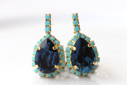 Navy and Turquoise Crystal Earrings, Unique Teardrop Studs, Wedding Bridal Jewelry