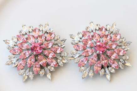 Pink Clip-On Flower Statement Earrings – Large Evening Studs