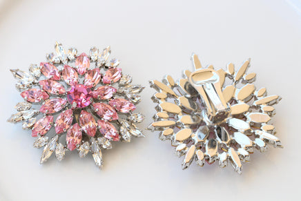 Pink Clip-On Flower Statement Earrings – Large Evening Studs