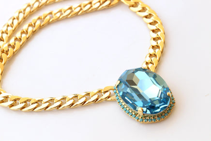Aquamarine Turquoise Crystal Necklace: Chunky Evening Necklace, Large Oval Pendant