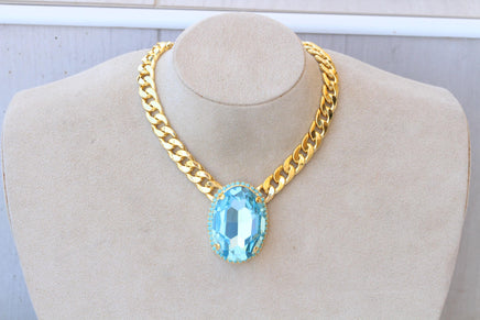 Aquamarine Turquoise Crystal Necklace: Chunky Evening Necklace, Large Oval Pendant