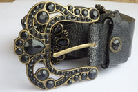 Black Or Brown Leather Belt. Buckle Black Studs Belt. Leather Belt Women. Boho Belt. Bohemain Waist Belt. Big Buckle Belt. 1970S Style Belt