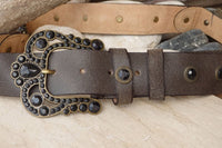 Black Or Brown Leather Belt. Buckle Black Studs Belt. Leather Belt Women. Boho Belt. Bohemain Waist Belt. Big Buckle Belt. 1970S Style Belt