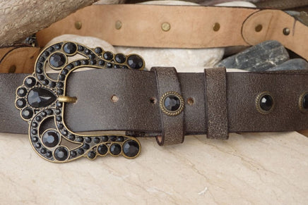 Black Or Brown Leather Belt. Buckle Black Studs Belt. Leather Belt Women. Boho Belt. Bohemain Waist Belt. Big Buckle Belt. 1970S Style Belt