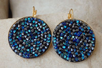 Blue Crystal Rock Earrings. Leverback Drop Earrings. Dark Blue Rebeka Cluster Earrings. Rhinestone Circle Earrings. Wife Jewelry. For Her