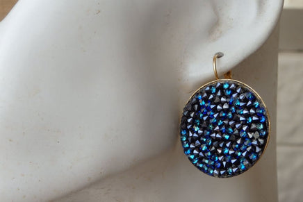 Blue Crystal Rock Earrings. Leverback Drop Earrings. Dark Blue Rebeka Cluster Earrings. Rhinestone Circle Earrings. Wife Jewelry. For Her