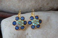 Blue Flower Drop Earrings. Navy Blue Rebeka Earrings. Blue Rebeka Crystal Earrings. Bridesmaids Gift. Gold Or Silver Flower Earrings