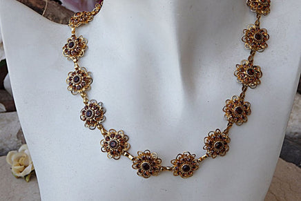 Bronze Flower Necklace. Brown Necklace. Rhinestone Necklace. Amazing Necklace. Honey Brown Necklace. Choker Necklace.brown And Gold Necklace