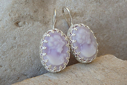 Cameo Earrings. Purple Women Earrings. Sterling Silver Earrings. Delicate Bridal Jewelry. Downton Abbey Inspired Earrings.victorian Earrings