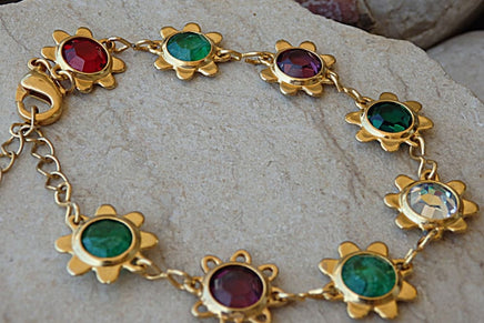 Colorful Crystal Bracelet. Rebeka Flower Link Kitten Bracelet .red Green Maid Gold Bracelet. Multicolor Bridesmaid Bracelet Jewelry Gift