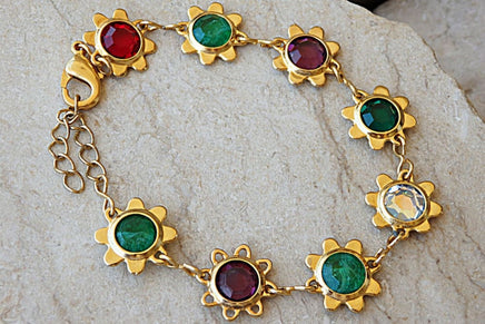 Colorful Crystal Bracelet. Rebeka Flower Link Kitten Bracelet .red Green Maid Gold Bracelet. Multicolor Bridesmaid Bracelet Jewelry Gift
