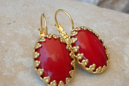 Coral Drop Earrings. Red Earrings. Vintage Style Earrings . Bridesmaid Jewelry Gift. Natural Gemstone Jewelry. Gold Red Coral Earrings