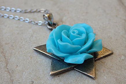 Coral Star Of David Necklace Jewish Jewelry. Magen David Pendant. Blue Flower Turquoise Necklace. Silver Necklace.bat Mitzvah Necklace Gift