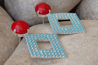 Coral Turquoise Earrings. Red Coral And Turquoise Rebeka Crystal Earrings. Silver Geometric Earrings. Turquoise Rhombus Stud Earrings