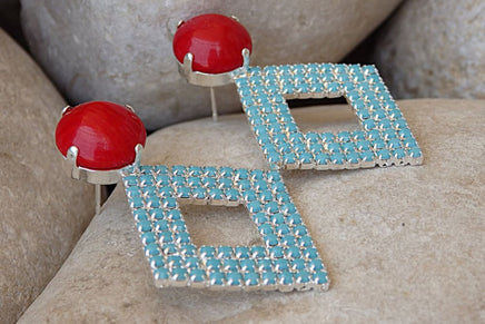 Coral Turquoise Earrings. Red Coral And Turquoise Rebeka Crystal Earrings. Silver Geometric Earrings. Turquoise Rhombus Stud Earrings
