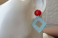 Coral Turquoise Earrings. Red Coral And Turquoise Rebeka Crystal Earrings. Silver Geometric Earrings. Turquoise Rhombus Stud Earrings