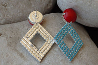 Coral Turquoise Earrings. Red Coral And Turquoise Rebeka Crystal Earrings. Silver Geometric Earrings. Turquoise Rhombus Stud Earrings