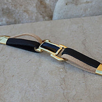 Cream And Black Leather Bracelet. Leather Bracelet With Gold Bar. Enamel Bar Bracelet. Gold Plated Leather Bracelet. Black & Cream Bracelet