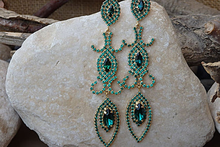 Emerald Rebeka Earrings. Wedding Statement Green Earrings. Cluster Mother Of Bride Earrings. Crystal Jewelled Chandelier Prom Earrings