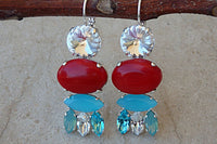 Genuine Coral Earrings. Red Real Coral And Clear Turquoise Rebeka Crystal Earrings. Silver Or Gold Custom Earrings.womens Drop Earrings