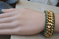 Gold And Leather Curb Chain Cuff Bracelet. Gold Plated Chain Bracelet. Gourmet Cuff Bracelet. Womens Link Bracelet With Green Cotton Thread
