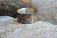 Hammered Wedding Ring. 925 Silver Ring. Silver Wedding Band. Leaf Silver Band Ring. Wide Ring. Leaves Wedding Silver Band Ring.engraved Ring
