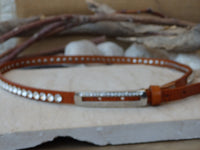 Skinny brown leather belt. Rebeka studded belt. Thin leather belt. Rhinestone Belt. Women's narrow leather belt. Rectangle silver buckle