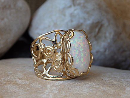 SILVER Opal Ring, White Fire Opal Ring, Opal Oval Ring, October Birthstone Ring, White Opal Ring, Women;s Opal Ring, Filigree Opal Ring Gift