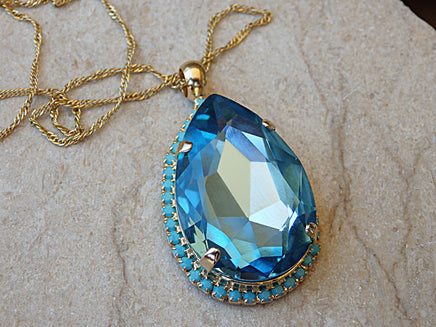 Turquoise and Blue Teardrop Necklace, Aquamarine Rebeka Teardrop Necklace, Rebeka Drop Shaped Necklace, Light Blue Crystal Necklace