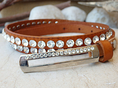 Skinny brown leather belt. Rebeka studded belt. Thin leather belt. Rhinestone Belt. Women's narrow leather belt. Rectangle silver buckle