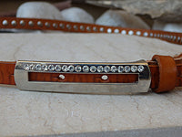 Skinny brown leather belt. Rebeka studded belt. Thin leather belt. Rhinestone Belt. Women's narrow leather belt. Rectangle silver buckle